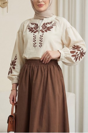 V Yaka Önü Ve Kolları Nakışlı Keten Bluz -Bej