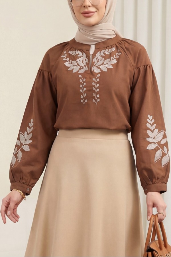 V-Neck Linen Blouse with Embroidered Front and Sleeves -Snuff