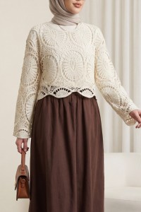 Dantel Örgü Triko Bluz  -Ekru