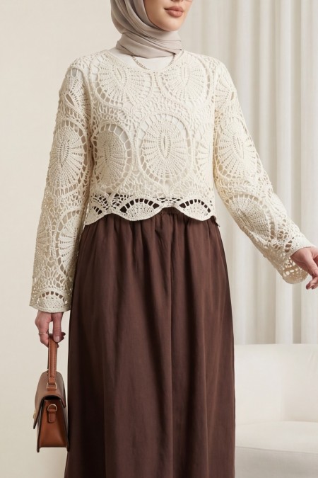 Dantel Örgü Triko Bluz  -Ekru