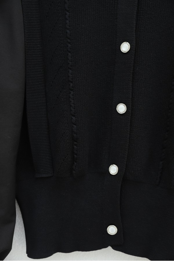 Poplin Buttoned Knit Cardigan with Sleeve Detail -Black