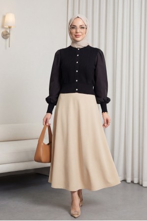 Poplin Kol Detaylı Düğmeli Triko Hırka -Siyah