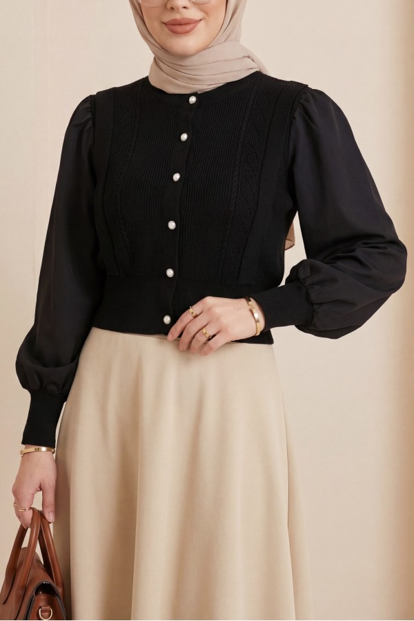 Poplin Buttoned Knit Cardigan with Sleeve Detail -Black