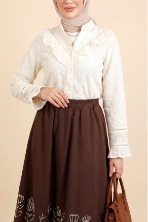 Kolu Ve Yakası Volanlı Brode İşlemeli Vual Gömlek -Bej