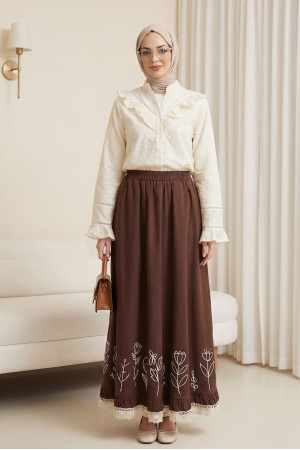 Kolu Ve Yakası Volanlı Brode İşlemeli Vual Gömlek -Bej