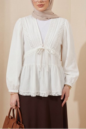 V-Neck Viscose Blouse with Lace Detail and Balloon Sleeves -White