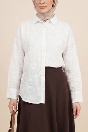 Fistolu Oval Kesim Düğmeli Vual Gömlek -Beyaz