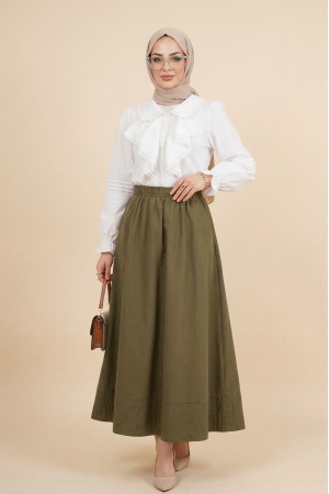 بلوزة مطاطية بأكمام مكشكشة من الأمام  -أبيض