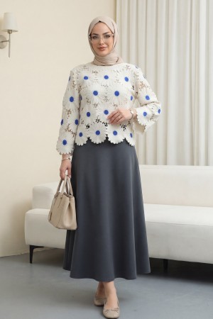 Kayık Yaka Papatya Desenli Triko Bluz  -Saks