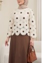 Boat Neck Daisy Patterned Knitted Blouse -Brown