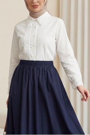 Yakası Fistolu Önü Pliseli Düğmeli Gömlek Bluz -Beyaz