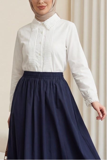 Yakası Fistolu Önü Pliseli Düğmeli Gömlek Bluz -Beyaz