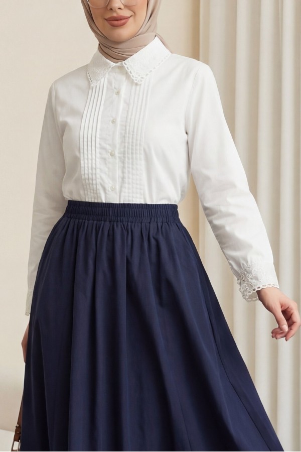 Shirt Blouse with Frilled Collar and Pleated Front -White