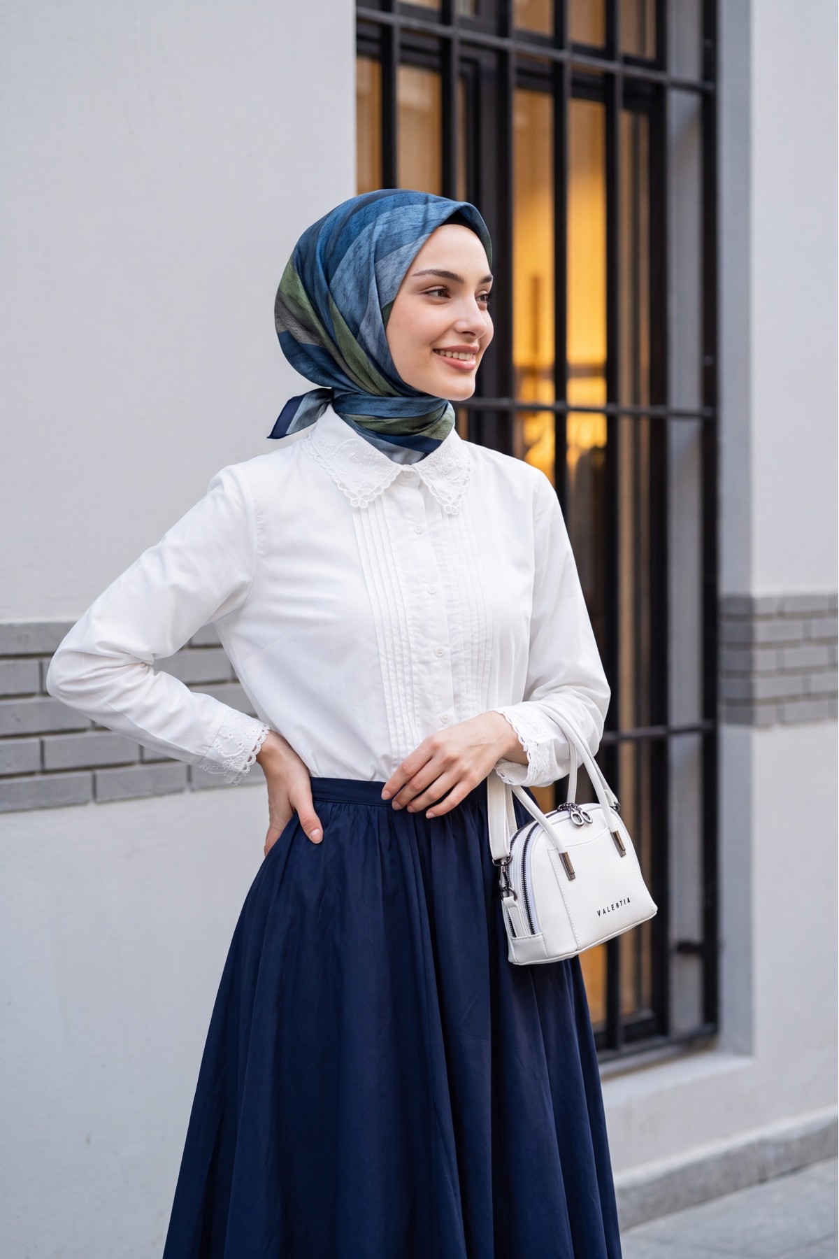 Shirt Blouse with Frilled Collar and Pleated Front -White