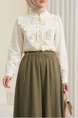 Hakim Yaka Fırfır Detaylı Bağcıklı Jakarlı Bluz -Ekru