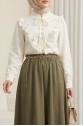 Mandarin Collar Ruffle Detail Lace-Up Jacquard Blouse -Ecru
