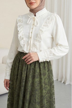 Hakim Yaka Fırfır Detaylı Bağcıklı Jakarlı Bluz -Ekru