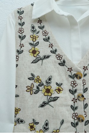 Vest with Floral Embroidery and Buttons -Stone