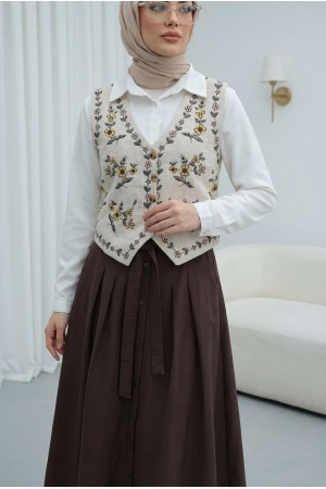 Vest with Floral Embroidery and Buttons -Stone