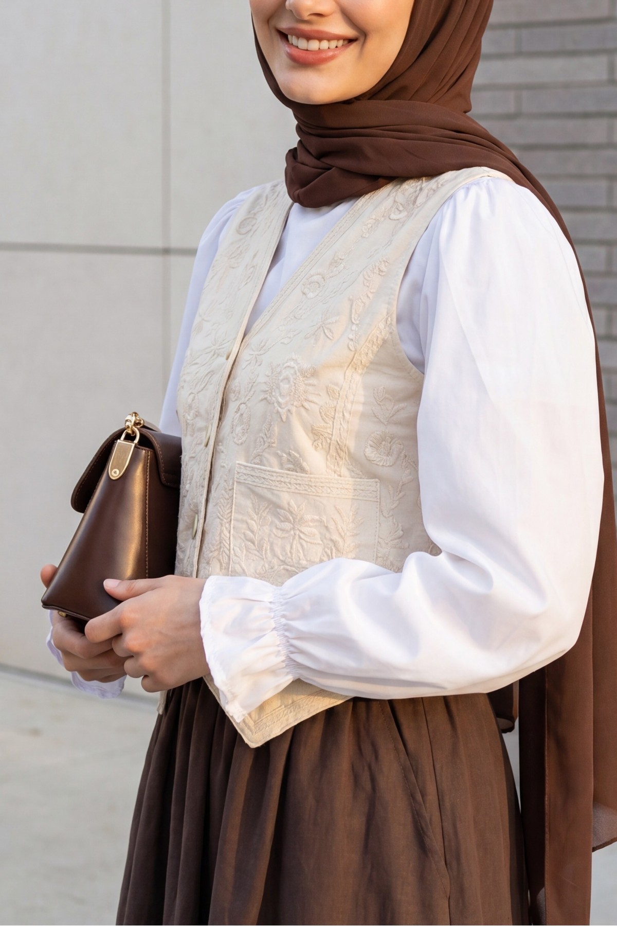 Double Pocket Buttoned Embroidered Asymmetrical Linen Vest - Beige
