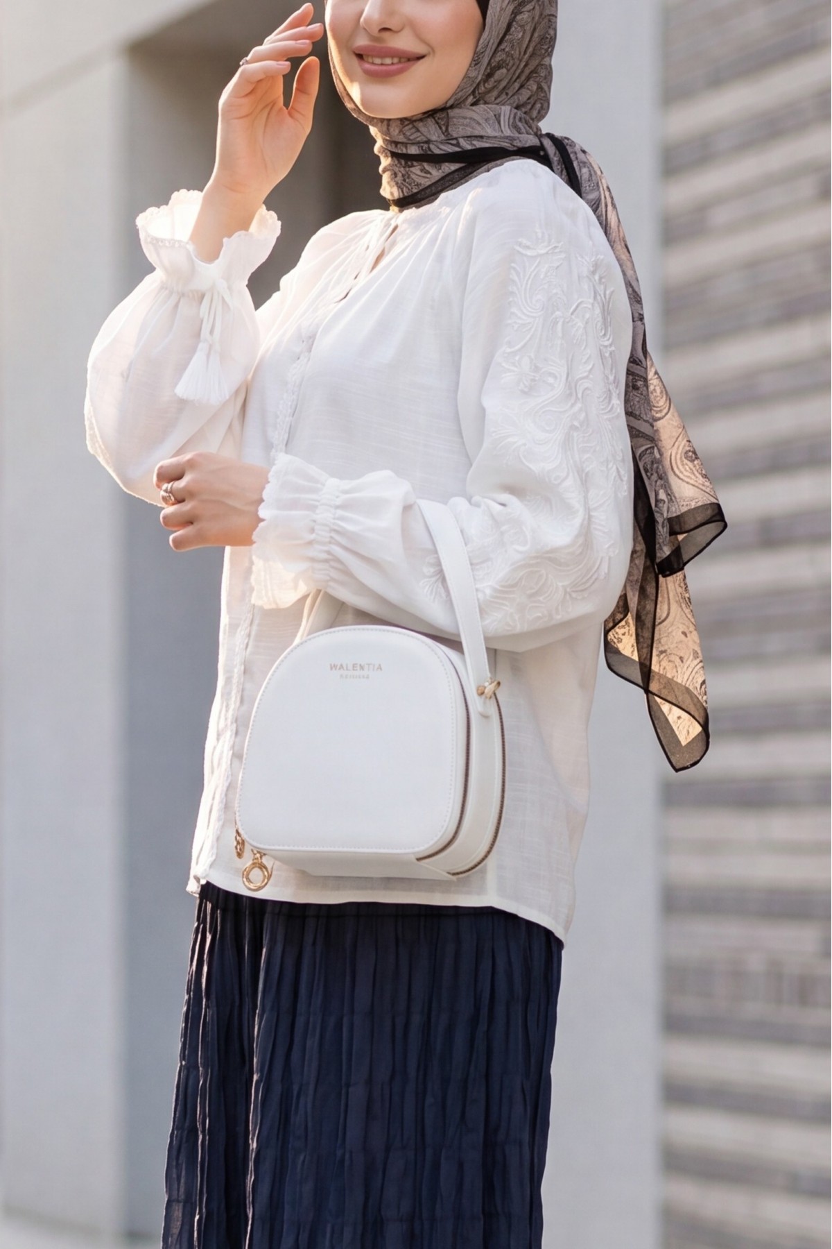 Lace Embroidered Linen Blouse with Tie Neckline and Sleeves -White