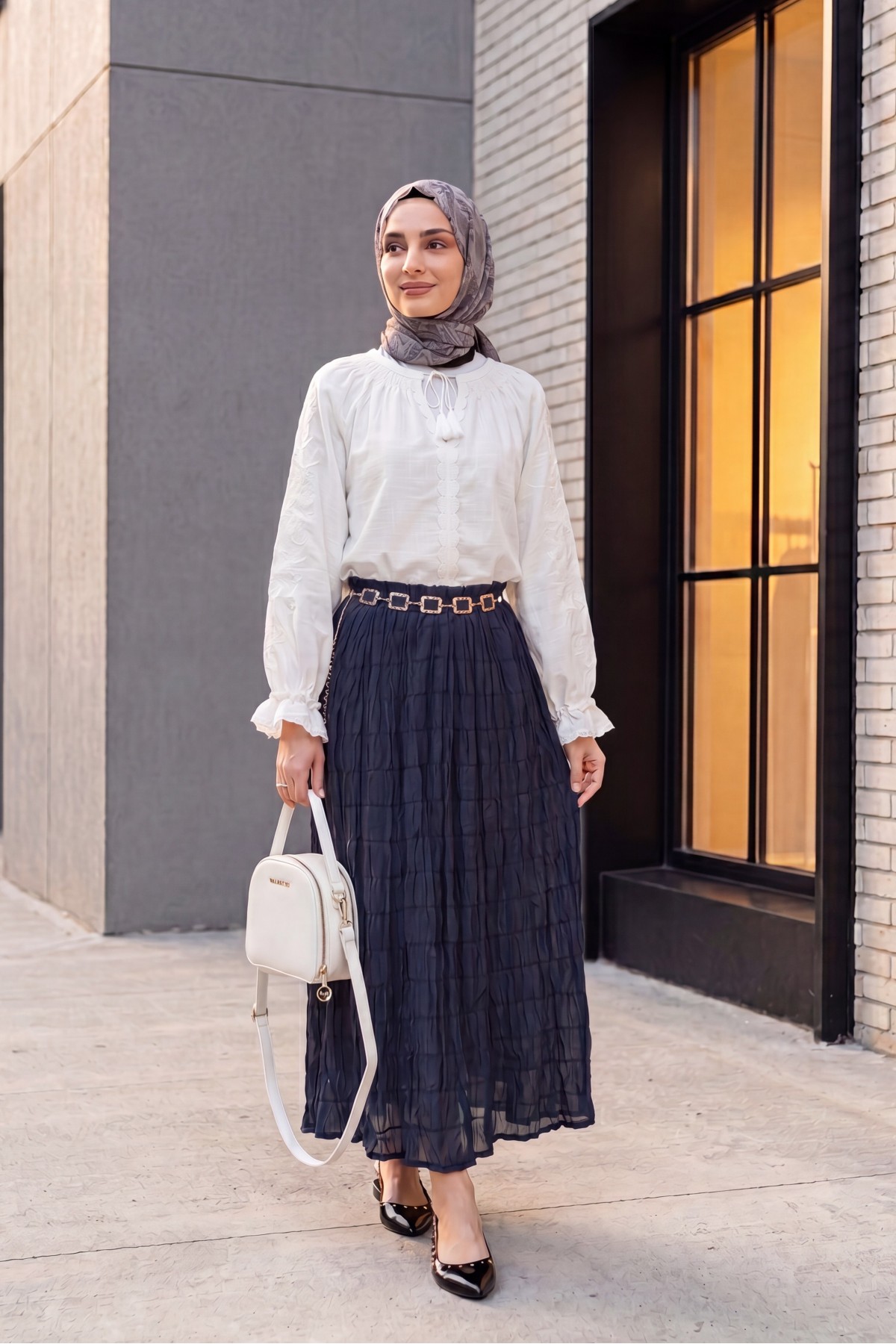 Lace Embroidered Linen Blouse with Tie Neckline and Sleeves -White