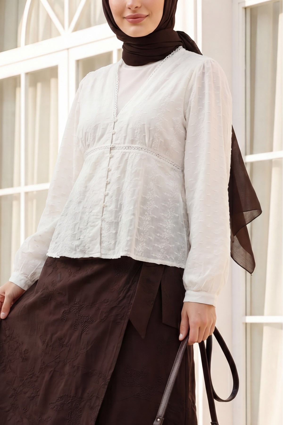Button-front V-neck lace embroidered sheer blouse - Beige