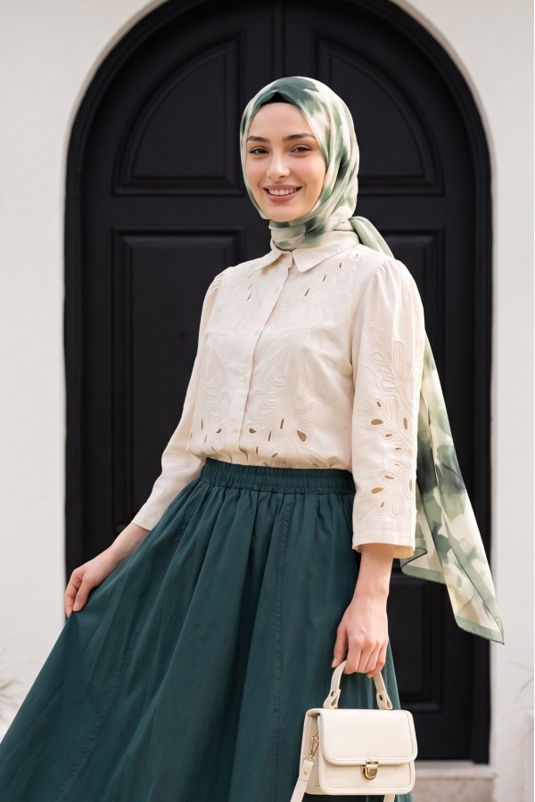 Wide Sleeve Embroidered Buttoned Linen Shirt -Cream color