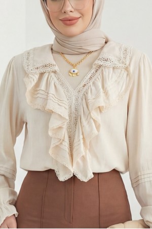 Önü Fırfırlı Fistolu Kolu Lastikli Bluz -Bej