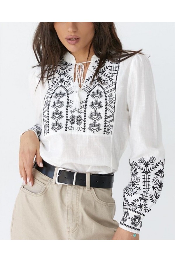 Cuffed Embroidered Lace-Up Detailed Blouse -White