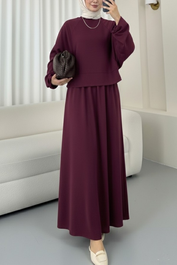 Round Neck, Batwing Sleeve, Elastic Waist Skirt Set -Maroon
