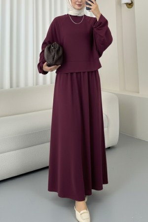 Yuvarlak Yaka Yarasa Kol Beli Lastikli Etekli Oyşo Takım -Bordo