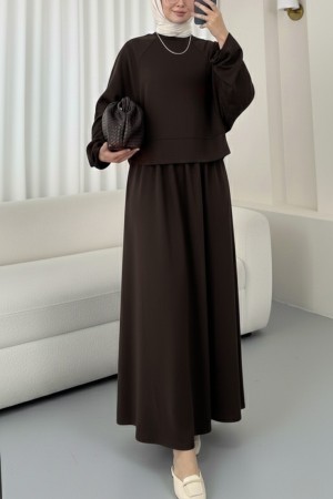 Yuvarlak Yaka Yarasa Kol Beli Lastikli Etekli Oyşo Takım -K. Kahve
