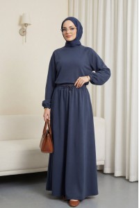 Yuvarlak Yaka Yarasa Kol Beli Lastikli Etekli Oyşo Takım -Petrol