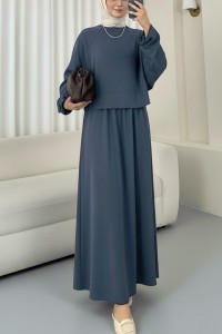 Yuvarlak Yaka Yarasa Kol Beli Lastikli Etekli Oyşo Takım -Petrol