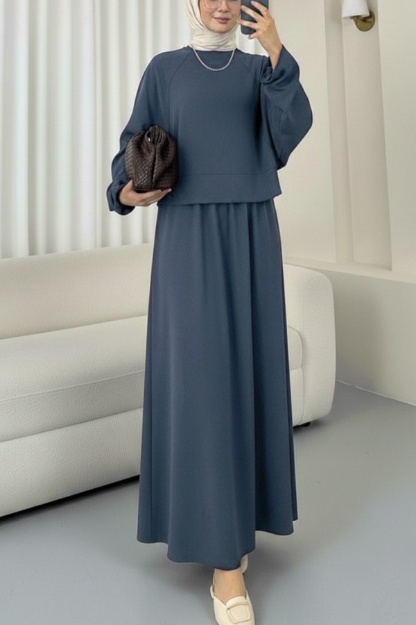 Round Neck, Batwing Sleeve, Elastic Waist Skirt Set -Oil color