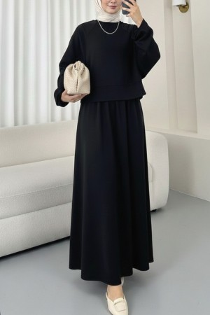 Yuvarlak Yaka Yarasa Kol Beli Lastikli Etekli Oyşo Takım -Siyah
