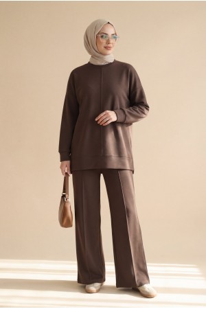 Round Neck Çimalı Oyşo Two-Piece Set -Dark Coffee
