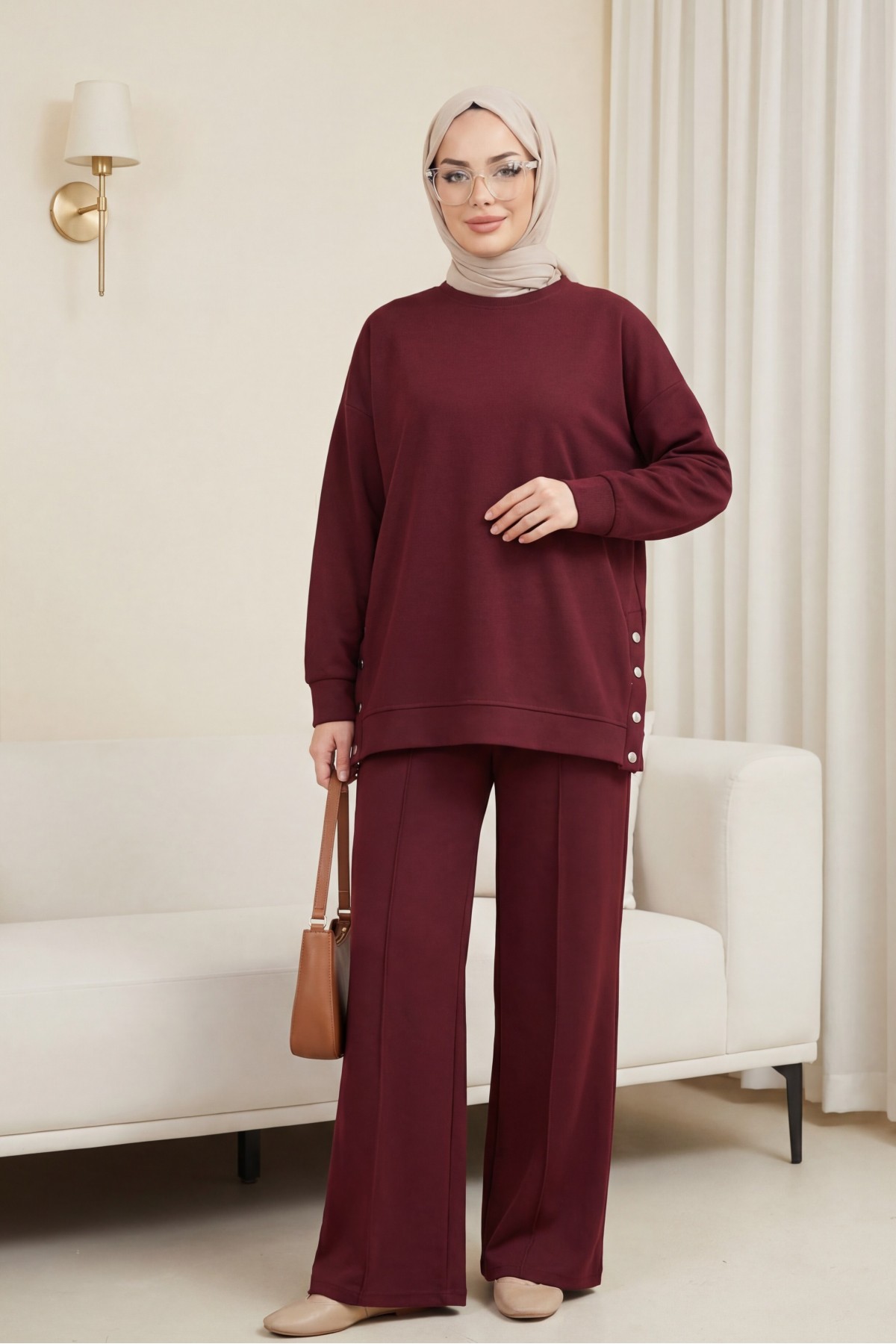 Oysho Set with Snap Button Sides and Trimmed Trousers -Maroon