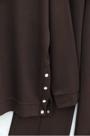 Oysho Set with Snap Button Sides and Trimmed Trousers -Dark Coffee