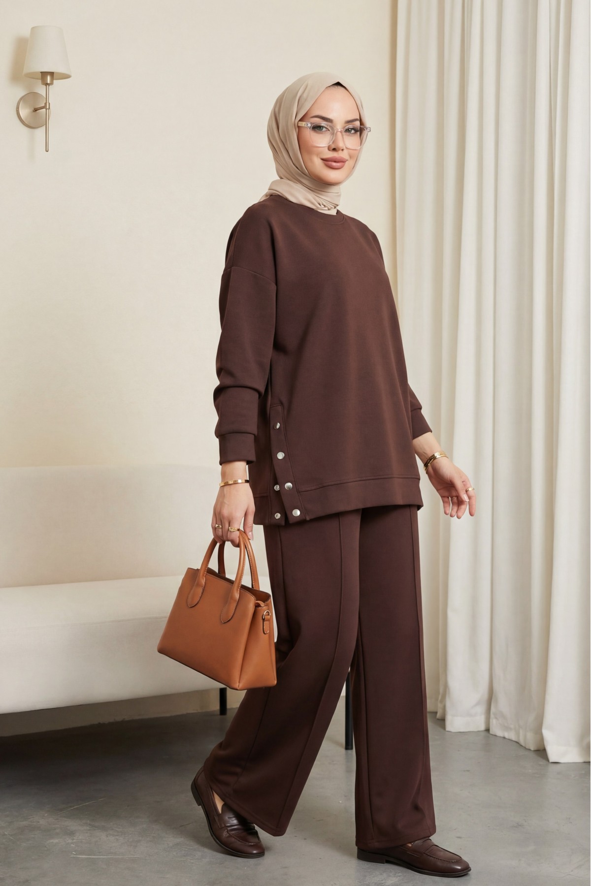 Oysho Set with Snap Button Sides and Trimmed Trousers -Dark Coffee