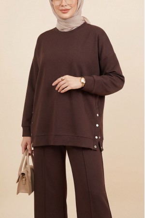 Oysho Set with Snap Button Sides and Trimmed Trousers -Dark Coffee