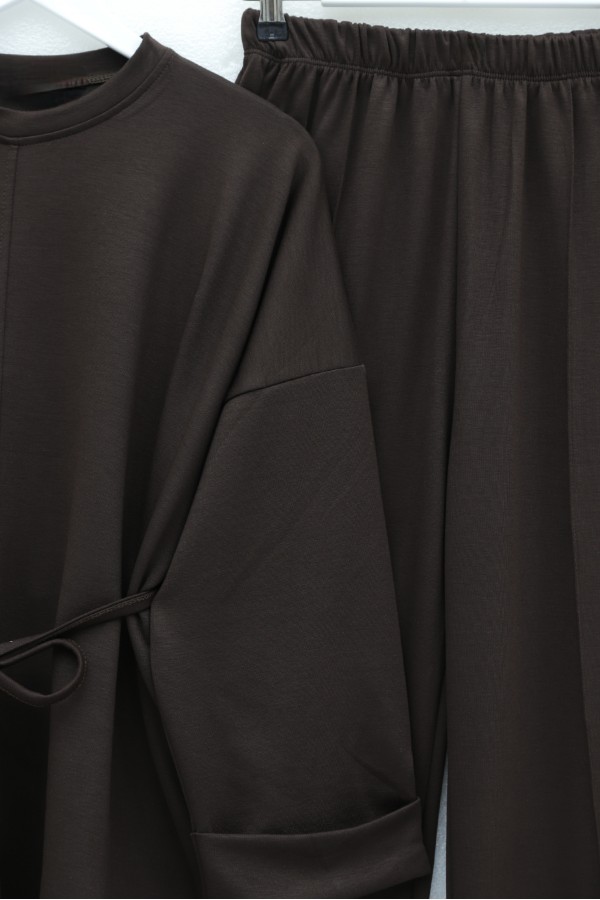 Oysho Set with Slit, Drawstring Waist, and Foldable Sleeves -Dark Coffee