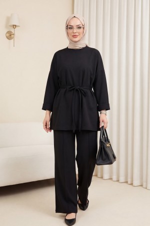 Yırtmaçlı Beli Bağcıklı Kolu Katlamalı Pantolonlu Oyşo Takım -Siyah