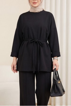 Yırtmaçlı Beli Bağcıklı Kolu Katlamalı Pantolonlu Oyşo Takım -Siyah