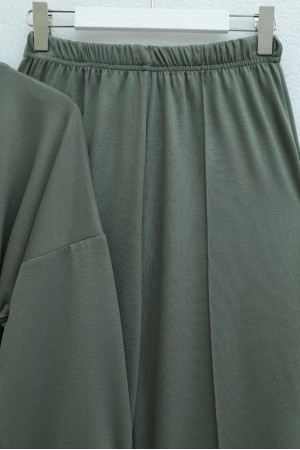 Yırtmaçlı Beli Bağcıklı Kolu Katlamalı Pantolonlu Oyşo Takım  -Haki