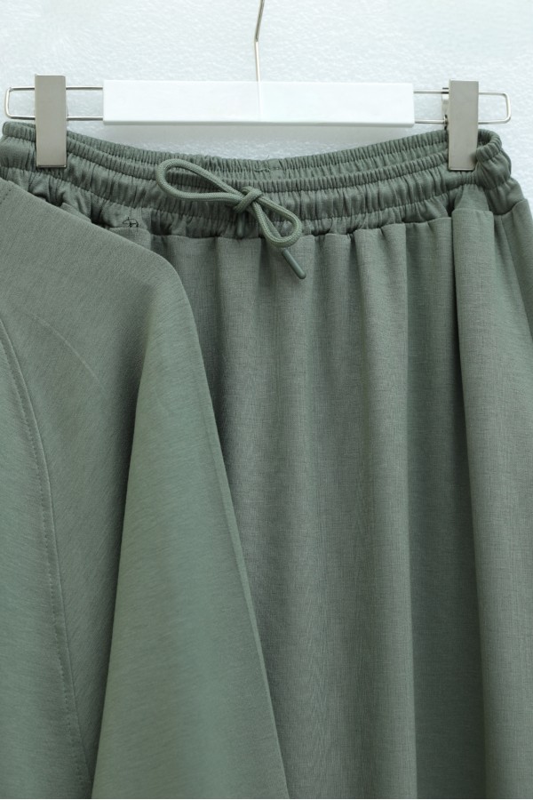 Round Neck, Batwing Sleeve, Elastic Waist Skirt Set  -Khaki