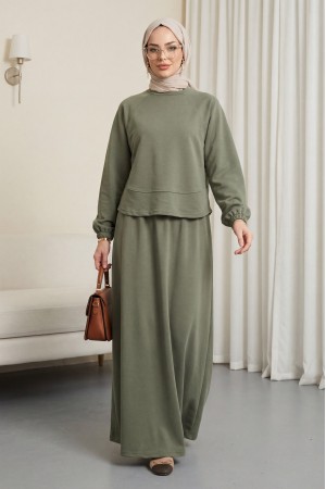 Yuvarlak Yaka Yarasa Kol Beli Lastikli Etekli Oyşo Takım  -Haki