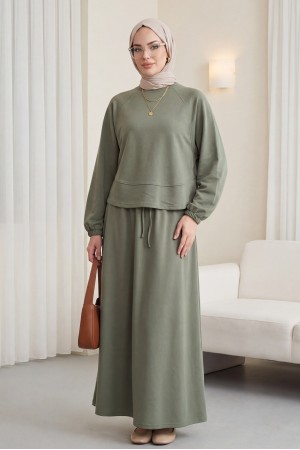 Yuvarlak Yaka Yarasa Kol Beli Lastikli Etekli Oyşo Takım  -Haki
