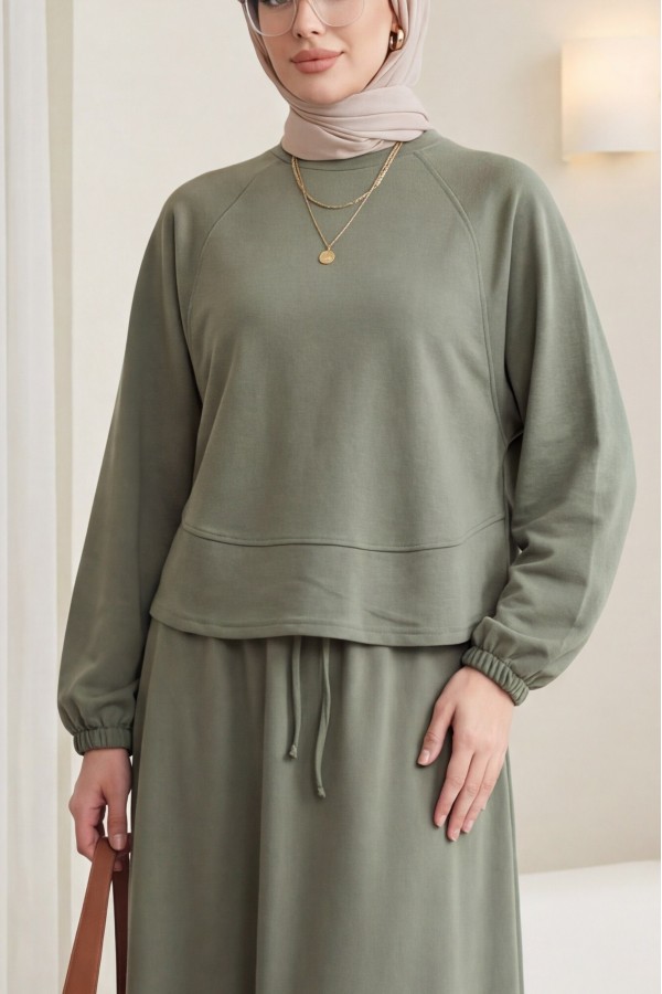 Round Neck, Batwing Sleeve, Elastic Waist Skirt Set  -Khaki